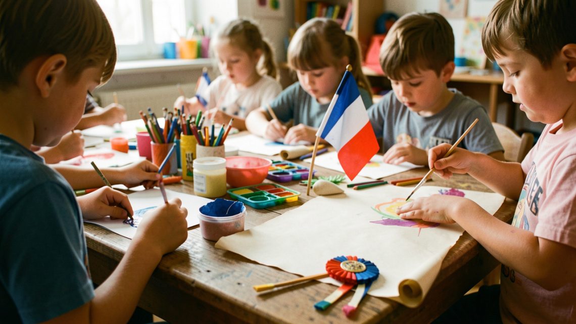 Atelier créatif du 14 juillet : des enfants bricolent autour d’une table avec du matériel de peinture, un drapeau tricolore et une cocarde, ainsi qu’un petit parchemin vierge.