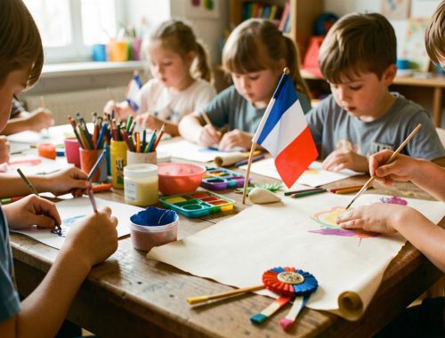 Atelier créatif du 14 juillet : des enfants bricolent autour d’une table avec du matériel de peinture, un drapeau tricolore et une cocarde, ainsi qu’un petit parchemin vierge.