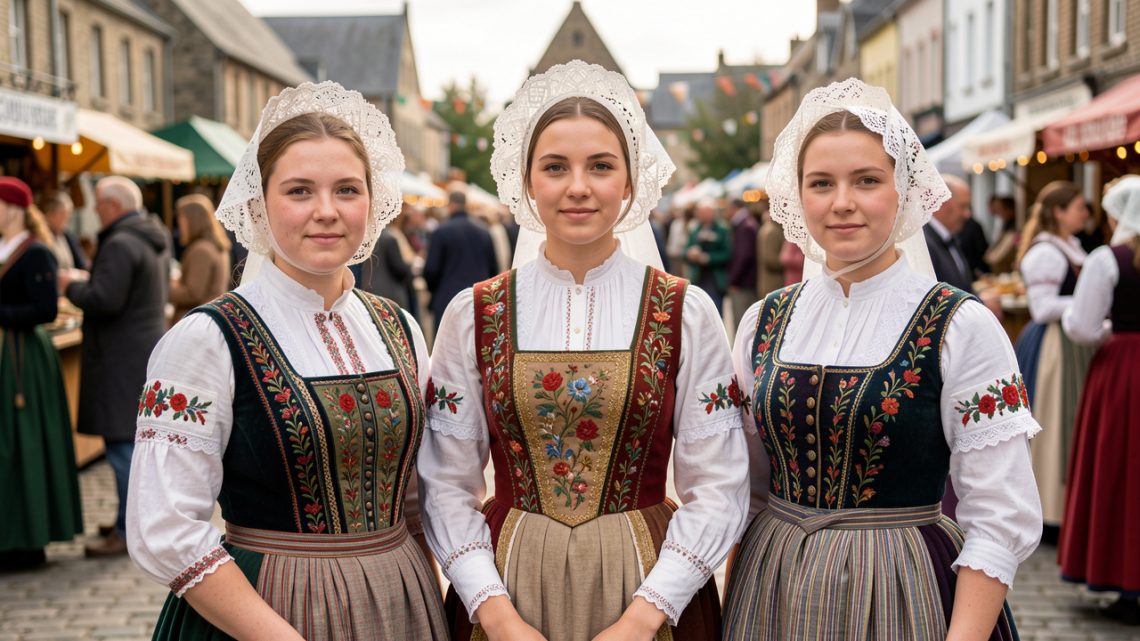 Portrait documentaire de trois jeunes femmes bretonnes en costumes traditionnels, coiffes en dentelle et vêtements brodés, lors d’un festival à Quimper.