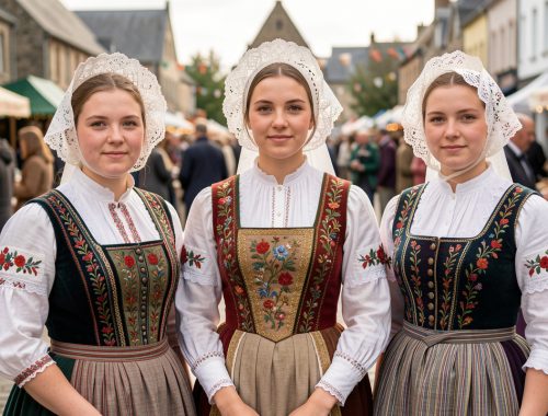 Portrait documentaire de trois jeunes femmes bretonnes en costumes traditionnels, coiffes en dentelle et vêtements brodés, lors d’un festival à Quimper.