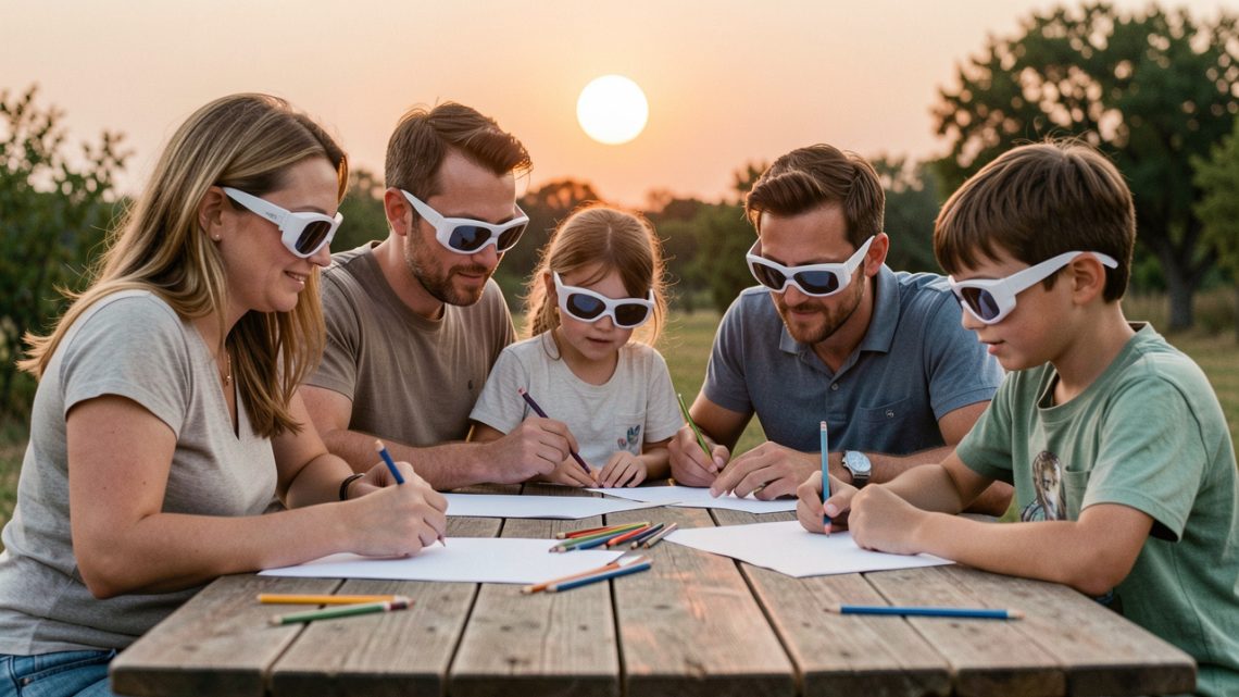 Une femme, un homme, une fille et un garçon dessinent ensemble en plein air autour d’une table, portant des lunettes de protection pour observer une éclipse, avec le Soleil partiellement éclipsé en arrière-plan.
