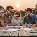 Une femme, un homme, une fille et un garçon dessinent ensemble en plein air autour d’une table, portant des lunettes de protection pour observer une éclipse, avec le Soleil partiellement éclipsé en arrière-plan.