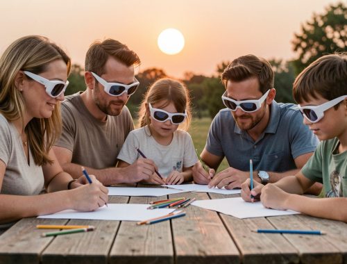Une femme, un homme, une fille et un garçon dessinent ensemble en plein air autour d’une table, portant des lunettes de protection pour observer une éclipse, avec le Soleil partiellement éclipsé en arrière-plan.