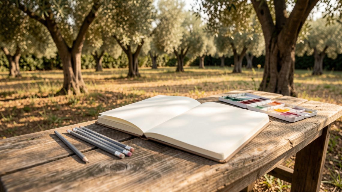 Carnet de croquis ouvert aux pages vierges sur un banc en bois, accompagné de crayons graphite et d’une petite boîte d’aquarelle, avec des oliviers baignés de lumière méditerranéenne douce en arrière-plan.
