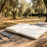 Carnet de croquis ouvert aux pages vierges sur un banc en bois, accompagné de crayons graphite et d’une petite boîte d’aquarelle, avec des oliviers baignés de lumière méditerranéenne douce en arrière-plan.