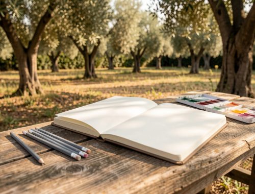 Carnet de croquis ouvert aux pages vierges sur un banc en bois, accompagné de crayons graphite et d’une petite boîte d’aquarelle, avec des oliviers baignés de lumière méditerranéenne douce en arrière-plan.