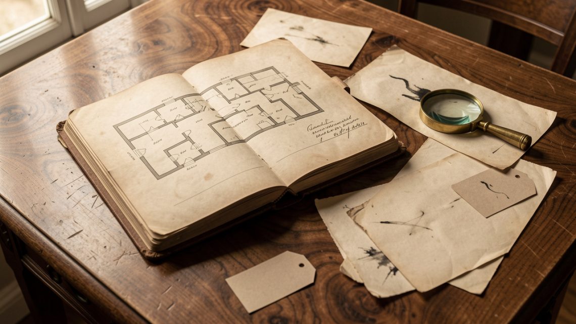 Nature morte Belle Époque avec un carnet d’enquête ouvert, un plan de chambre sans annotations, des feuilles anciennes, une loupe en laiton et de petites étiquettes vierges sur une table en bois.