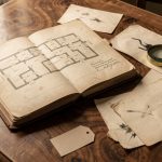Nature morte Belle Époque avec un carnet d’enquête ouvert, un plan de chambre sans annotations, des feuilles anciennes, une loupe en laiton et de petites étiquettes vierges sur une table en bois.