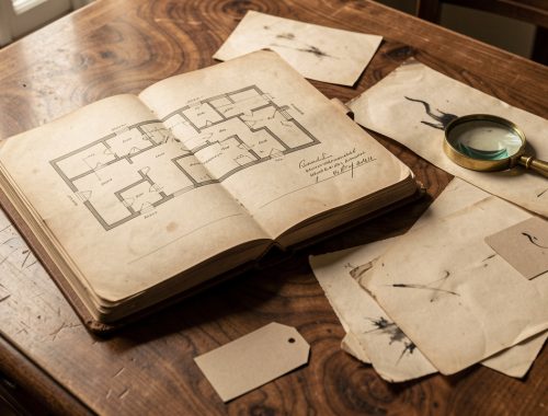 Nature morte Belle Époque avec un carnet d’enquête ouvert, un plan de chambre sans annotations, des feuilles anciennes, une loupe en laiton et de petites étiquettes vierges sur une table en bois.