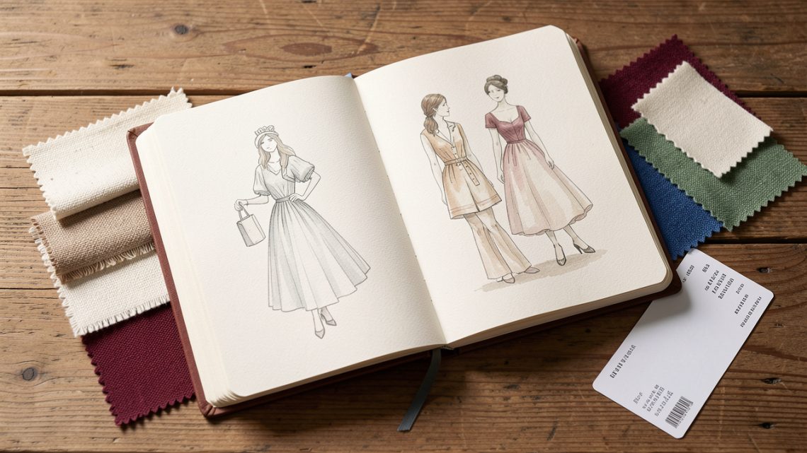 Illustration à l’aquarelle d’un carnet de visite ouvert sur une table, entouré de croquis de silhouettes de mode, d’échantillons de textiles colorés et de tickets de musée vierges, dans une lumière douce.