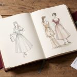Illustration à l’aquarelle d’un carnet de visite ouvert sur une table, entouré de croquis de silhouettes de mode, d’échantillons de textiles colorés et de tickets de musée vierges, dans une lumière douce.