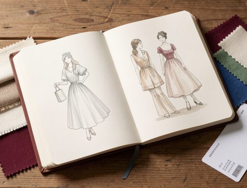 Illustration à l’aquarelle d’un carnet de visite ouvert sur une table, entouré de croquis de silhouettes de mode, d’échantillons de textiles colorés et de tickets de musée vierges, dans une lumière douce.