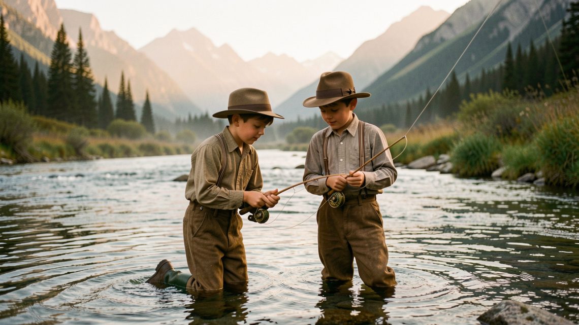 Deux jeunes frères vêtus de vêtements du début du XXe siècle pêchent à la mouche dans une rivière claire du Montana, entourés de montagnes baignées par une lumière dorée.