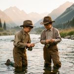 Deux jeunes frères vêtus de vêtements du début du XXe siècle pêchent à la mouche dans une rivière claire du Montana, entourés de montagnes baignées par une lumière dorée.