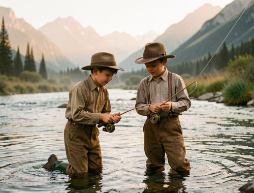 Deux jeunes frères vêtus de vêtements du début du XXe siècle pêchent à la mouche dans une rivière claire du Montana, entourés de montagnes baignées par une lumière dorée.