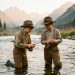 Deux jeunes frères vêtus de vêtements du début du XXe siècle pêchent à la mouche dans une rivière claire du Montana, entourés de montagnes baignées par une lumière dorée.