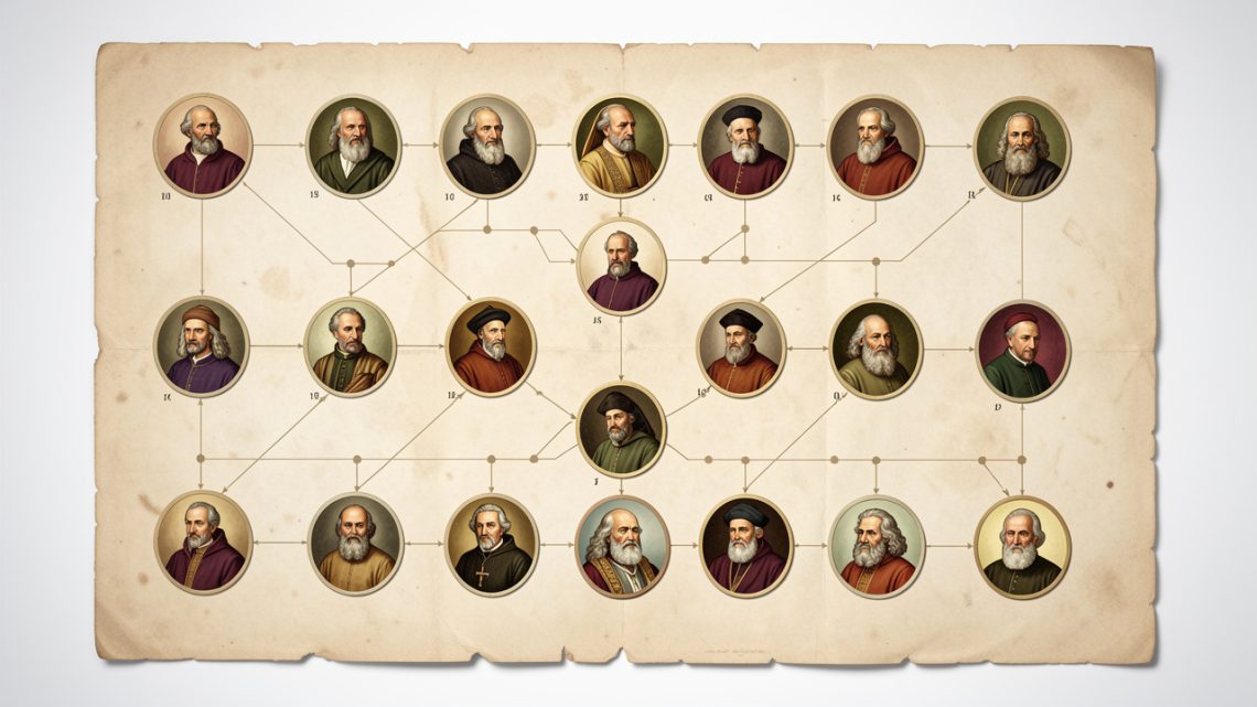 Frise chronologique illustrée représentant des portraits historiques de dirigeants religieux masculins sur une grande feuille aux couleurs discrètes, dans une ambiance documentaire lumineuse.