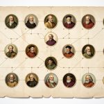 Frise chronologique illustrée représentant des portraits historiques de dirigeants religieux masculins sur une grande feuille aux couleurs discrètes, dans une ambiance documentaire lumineuse.