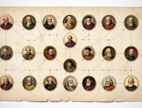 Frise chronologique illustrée représentant des portraits historiques de dirigeants religieux masculins sur une grande feuille aux couleurs discrètes, dans une ambiance documentaire lumineuse.