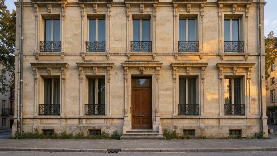 Façade élégante de la maison associée à Jules Verne à Amiens, avec une architecture bourgeoise du XIXe siècle éclairée par une douce lumière de fin d’après-midi.
