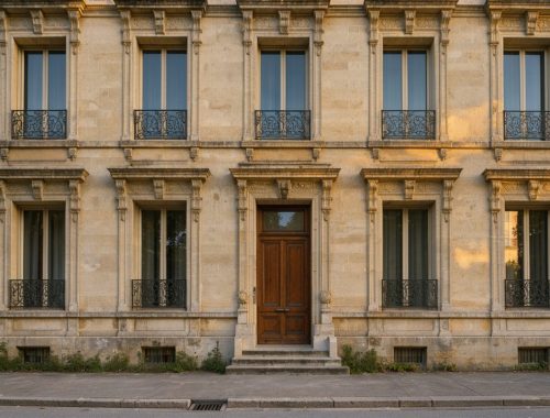 Façade élégante de la maison associée à Jules Verne à Amiens, avec une architecture bourgeoise du XIXe siècle éclairée par une douce lumière de fin d’après-midi.