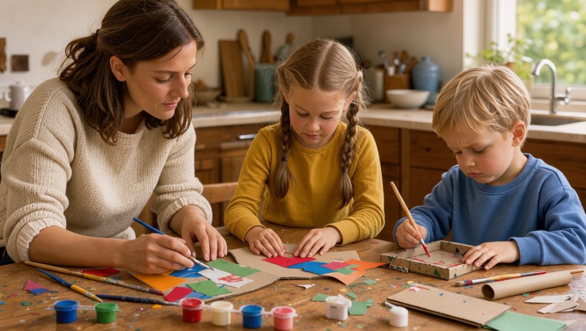 Une mère, une jeune fille et un jeune garçon créent ensemble avec des papiers colorés, du carton recyclé et de la peinture autour d’une table de cuisine, sous une lumière naturelle chaleureuse.