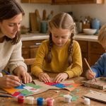 Une mère, une jeune fille et un jeune garçon créent ensemble avec des papiers colorés, du carton recyclé et de la peinture autour d’une table de cuisine, sous une lumière naturelle chaleureuse.