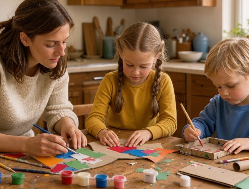Une mère, une jeune fille et un jeune garçon créent ensemble avec des papiers colorés, du carton recyclé et de la peinture autour d’une table de cuisine, sous une lumière naturelle chaleureuse.